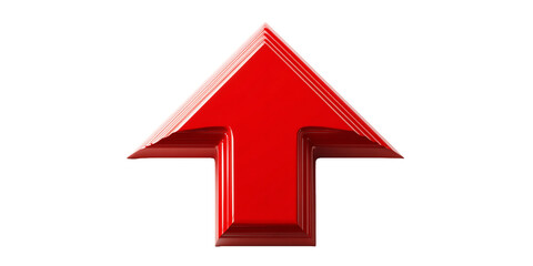 Fototapeta premium A glossy 3D rendered red arrow points upwards against a transparent background, symbolizing direction, growth, and navigation with a clean, modern design, PNG