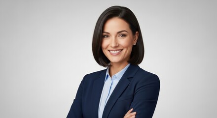 Confident Smiling Businesswoman in Blue Suit with Arms Crossed on Grey Background