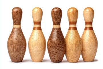 Five wooden bowling pins, alternating light and dark wood, arranged in a row against white