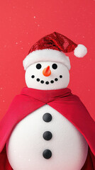 Fototapeta premium Snowman superhero with red cape and Santa hat, smiling with carrot nose, festive winter holiday background, cheerful mood