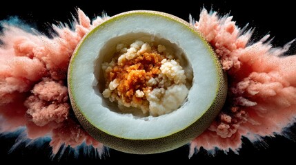 Melon filled with food, surrounded by pink powder explosion
