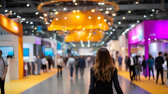 Crowded convention hall with booths and people