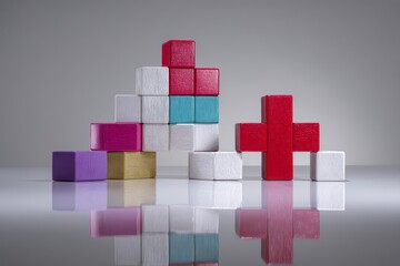 Colorful wooden blocks arranged in a plus sign shape, with a stepped structure in the foreground
