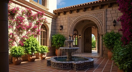 Courtyard fountain with blooming bougainvillea and potted plants against a stone building