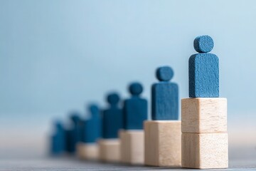 Wooden figures on tiered blocks, one standing higher