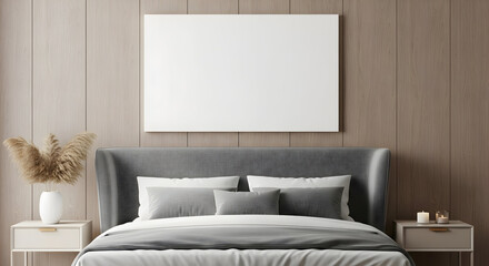 Modern minimalist bedroom interior design mockup with gray bedding and pampas grass