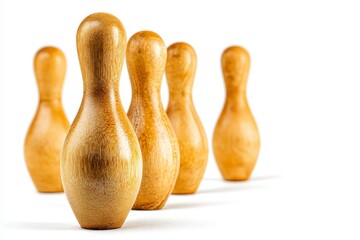 Wooden bowling pins in a row against white