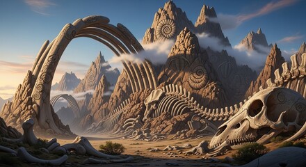Fototapeta premium Majestic ancient bones form dramatic mountain landscape under a sky of soft clouds