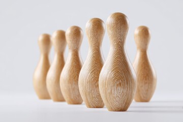 Row of light beige wooden bowling pins