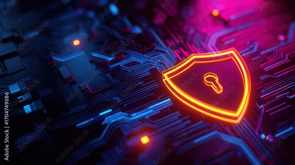 Aufkleber futuristic background with neon shield symbolizing cyber security and data protection in digital env