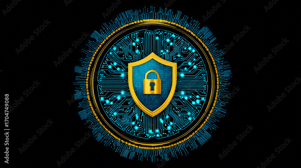 Poster futuristic digital security shield on circuit board background with lock icon representing cyber pro