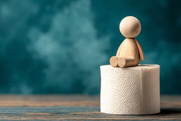 Wooden figurine sits atop toilet paper roll