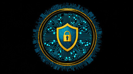 Futuristic Digital Security Shield on Circuit Board Background with Lock Icon Representing Cyber Protection and Privacy Assurance