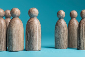 Wooden figurines, light brown and a darker shade, in a row, one different, on a light teal background