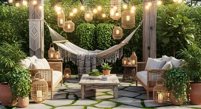 Cozy outdoor patio with hammock seating lanterns and string lights amidst lush greenery