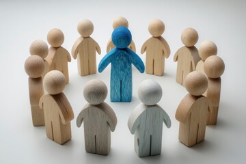 Wooden figures, one blue, surrounded by others
