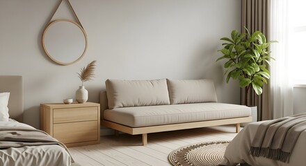 Minimalist bedroom with neutral tones wood accents comfortable sofa bed bedside table and large green plant