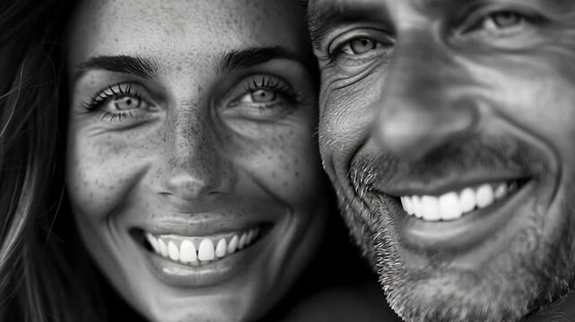 Closeup of smiling middle aged couple in black and white