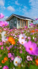 Eco-friendly straw bale house amid colorful cosmos flower field