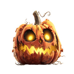 A carved jack-o'-lantern with glowing yellow eyes and a jagged mouth, set against a white background. The pumpkin has a rough, textured surface and appears to be lit from within.

