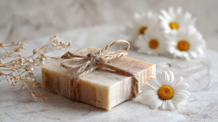 Handmade beige soap on marble wrapped with twine and daisies
