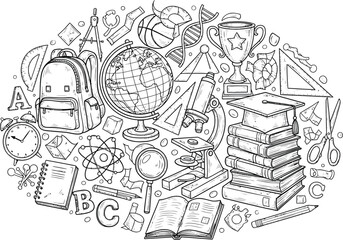 Obraz premium Whimsical hand drawn doodle circle composition of school and art supplies for creative education and learning