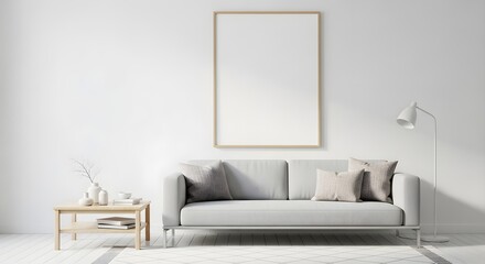 Fototapeta premium Minimalist living room with light grey sofa modern lamp and empty framed picture