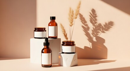 Naklejka premium Aesthetic Still Life of Cosmetic Bottles with Natural Element Shadows