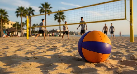 Beach Volleyball Fun Players Enjoying Game on Sand with Clear Sky, Palm Trees Backdrop
