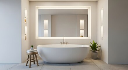 Modern minimalist bathroom with freestanding white bathtub integrated mirror and subtle ambient lighting