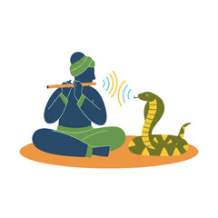 Obraz premium Traditional Indian snake charmer playing a flute to hypnotize a dancing cobra snake, an ancient cultural performance