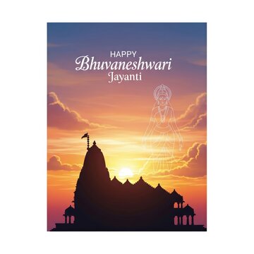 Sunset Over Temple With Goddess Outline And Festival Text bhuvaneshwari jayanti