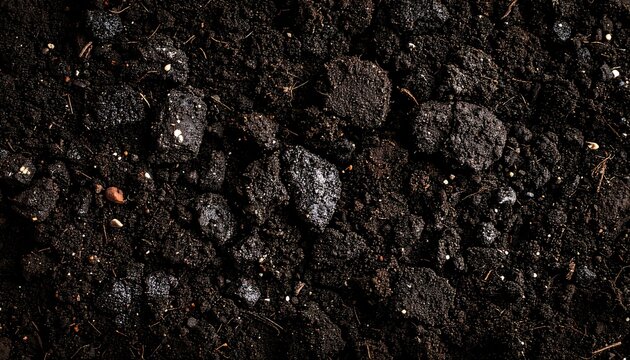 Close-up view of dark soil with rocks