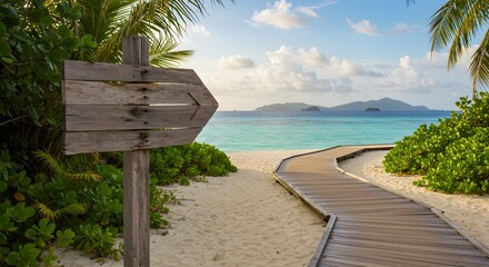 Tropical Beach Paradise Wooden Path to Turquoise Waters with a Directional Sign