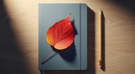 Red autumn leaf on book with pencil