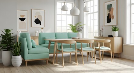 Fototapeta premium Modern Scandinavian dining and living room with mint green sofa and wood furniture
