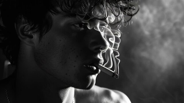 Moody portrait of young man or teenager smoking in black and white, closeup