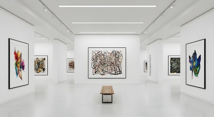 Fototapeta premium Minimalist gallery interior with abstract paintings and modern wooden bench