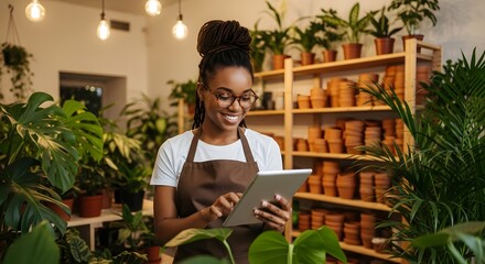 Smiling Florist Manages Plants and Inventory with Tablet in Local Flower Shop