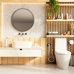 Bathroom design featuring a round mirror, marble sink, wooden wall panels, toilet, storage shelves, and indoor plants. Minimalist style- 3D rendering