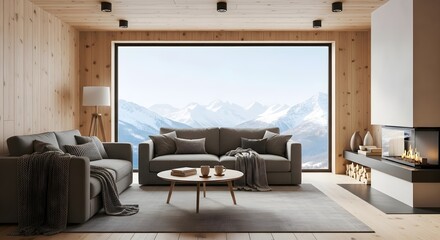Fototapeta premium Modern living room with large window showcasing snow capped mountain range and contemporary fireplace