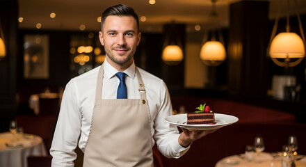Smiling waiter in a restaurant holding a plate with a slice of chocolate cake topped with berries.