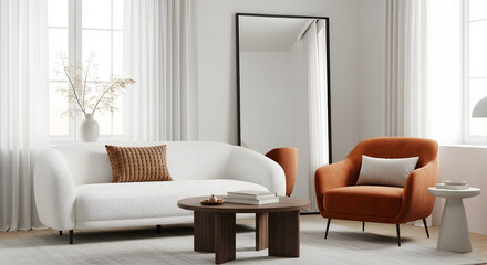Modern minimalist living room interior design with white sofa orange armchair and wooden coffee table