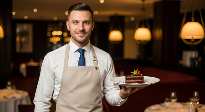 Smiling waiter in a restaurant holding a plate with a slice of chocolate cake topped with berries. - Powered by Adobe