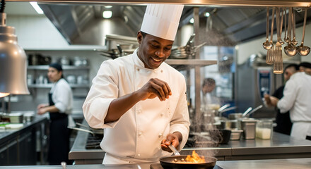 A chef in a commercial kitchen smiles while seasoning food cooking in a pan on the stovetop.