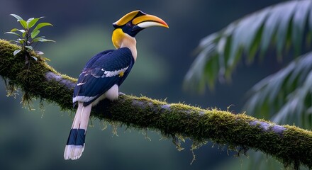 Majestic Great Hornbill Perched on Mossy Branch in Lush Greenery Bird Ornithology Wildlife