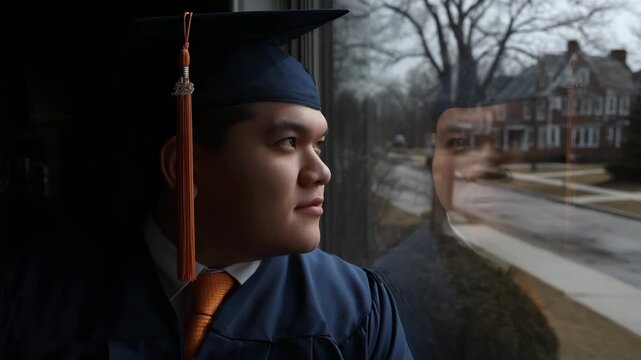 Young graduate in cap and gown contemplates future reflected in window.