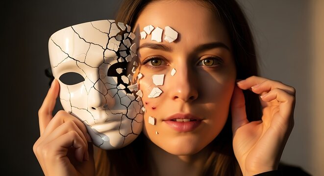 Woman Holding a Broken Mask, Self-Doubt, Identity Crisis.