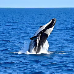 Fototapeta premium A humpback whale breaching the surface of the ocean and its massive body rising out of the water in a spectacular display