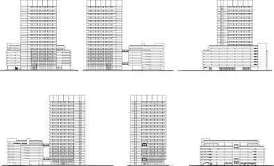 "Detailed Architectural Sketch of Modern High-Rise Residential Building with Elevations and Structure, Multiple Views in Vector Format on White Background"